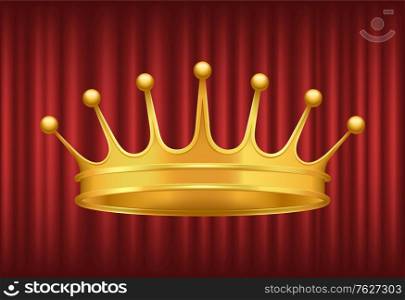 Queen golden crown on red background. Shiny and luxury headdress of royal person. Coronation ceremony accessory, symbol of power and government vector. Red curtain theater background. Queen Gorden Crown, Royal Vector Image