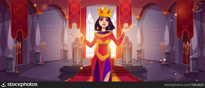 Queen in palace, medieval throne room interior, royal family cartoon character, monarchy person in gold crown and luxury dress, fairytale female personage. Kingdom computer game, Vector illustration. Queen in palace, medieval throne room interior