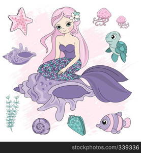 QUEEN MERMAID Sea Ocean Underwater Vector Illustration Set