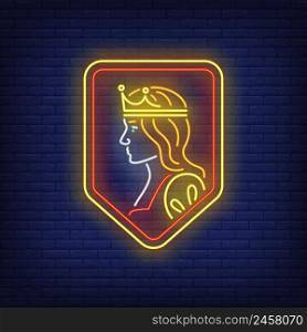 Queen on shield neon sign. Authority, power design. Night bright neon sign, colorful billboard, light banner. Vector illustration in neon style.