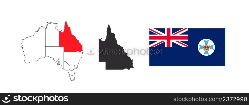 Queensland Map. Flag of Queensland. States and territories of Australia. Vector illustration
