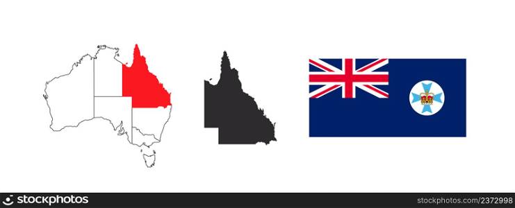 Queensland Map. Flag of Queensland. States and territories of Australia. Vector illustration