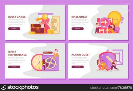 Quest game flat 4x1 set of horizontal banners with editable text connect buttons and doodle images vector illustration