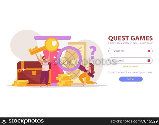 Quest game flat background for web site login page with fields buttons and gaming achievements images vector illustration