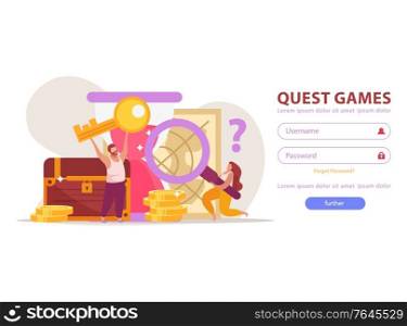 Quest game flat background for web site login page with fields buttons and gaming achievements images vector illustration