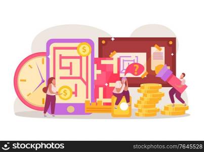 Quest game flat composition with stacks of coins and labirynth map on smartphone screens with people vector illustration
