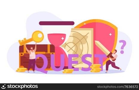 Quest game flat composition with text and doodle people with images of treasure chest and keys vector illustration