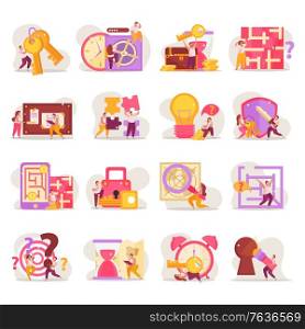 Quest game flat icons set with isolated compositions of doodle human characters and gaming pictogram images vector illustration