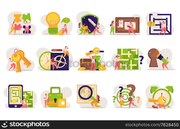 Quest game flat recolor compositions set with doodle human characters and conceptual puzzle gaming pictogram icons vector illustration