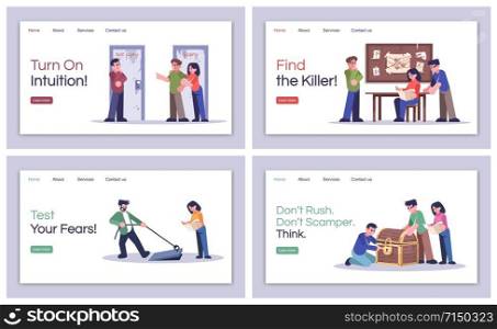 Quest room landing page vector templates set. Turn on intuition, website interface idea with flat illustrations. Test your fears homepage layout. Find killer web banner, webpage cartoon concept