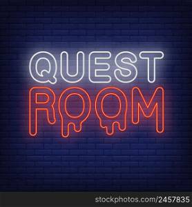 Quest room neon sign. Bloody letters on brick wall background. Glowing banner or billboard elements. Vector illustration in neon style for posters, flyers, signboards
