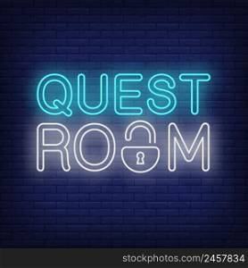 Quest room neon sign. Text with lock instead letter. Glowing banner or billboard elements. Vector illustration in neon style for posters, flyers, signboards