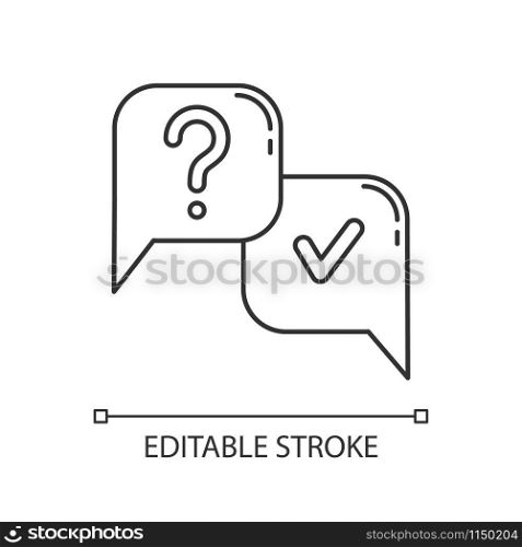 Question and answer linear icon. FAQ sign. Ask and answer. Chat, dialogue. Discussion and conversation. Thin line illustration. Contour symbol. Vector isolated outline drawing. Editable stroke