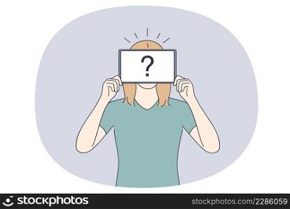 Question Asking and doubt concept. Young woman standing holding sign in hands with question mark on it feeling frustrated vector illustration . Question Asking and doubt concept