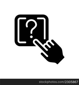 Question button black glyph icon. Request to technical support. Looking of problem solving. Online help. Silhouette symbol on white space. Solid pictogram. Vector isolated illustration. Question button black glyph icon