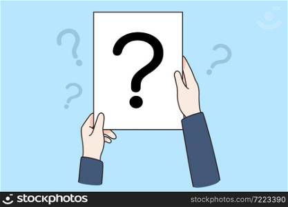 Question doubt and asking concept. Human hands holding white blank card with question mark on it over blue background vector illustration . Question doubt and asking concept.