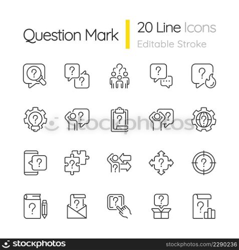 Question mark linear icons set. Information and communication system. Customizable thin line symbols. Isolated vector outline illustrations. Editable stroke. Quicksand-Light font used. Question mark linear icons set