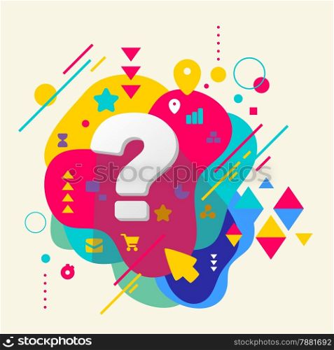 Question mark on abstract colorful spotted background with different elements. Flat design.