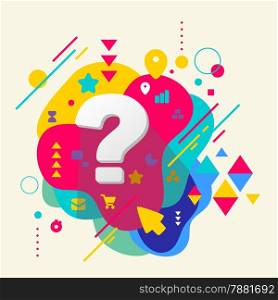 Question mark on abstract colorful spotted background with different elements. Flat design.