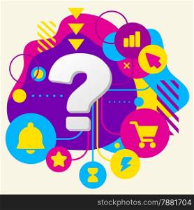 Question mark on abstract colorful spotted background with different icons and elements. Flat design for the web, interface, print, banner, advertising.