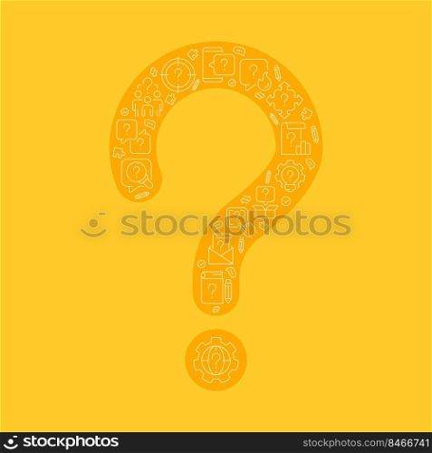 Question mark pixel perfect shaped concept filled with editable linear icons. Uncertainty and doubt. Simple thin line symbols composition on orange background. Vector outline drawing. Question mark pixel perfect shaped concept filled with editable linear icons