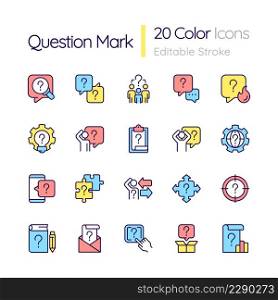 Question mark RGB color icons set. Information and communication system. Isolated vector illustrations. Simple filled line drawings collection. Editable stroke. Quicksand-Light font used. Question mark RGB color icons set
