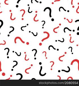 Question mark seamless pattern. Question mark texture on white background. Sign of interrogation. Graphic abstract background with random repeated of punctuation. Vector.