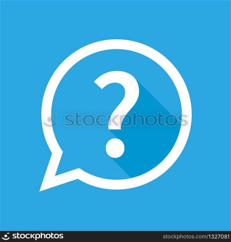 Question mark vector isolated illustration icon with shadow on blue background. Help sign speech bubble. Chat question icon. Question concept. EPS 10