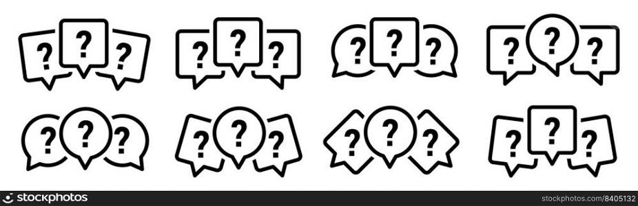 Question mark with speech bubbles. Set of message boxes. Help symbol. Chat icon. FAQ sign isolated on white background. . Question mark with speech bubbles. Set of message boxes. Help symbol. 