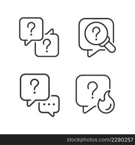 Question marks and speech bubbles linear icons set. Answers and information storage. Dialogue building. Customizable thin line symbols. Isolated vector outline illustrations. Editable stroke. Question marks and speech bubbles linear icons set