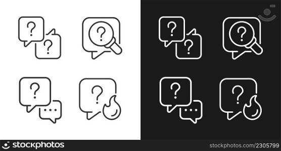 Question marks and speech bubbles linear icons set for dark, light mode. Answers and information storage. Thin line symbols for night, day theme. Isolated illustrations. Editable stroke. Question marks and speech bubbles linear icons set for dark, light mode