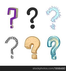 Question marks. Hand drawn colored interrogation icons. Doodle punctuation text symbols. Searching answers. Thinking or finding information. Doubt pictogram. Vector isolated abstract asking signs set. Question marks. Hand drawn colored interrogation icons. Doodle punctuation symbols. Searching answers. Thinking or finding information. Doubt pictogram. Vector abstract asking signs set