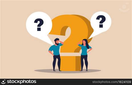 Question problem and answer solution idea with man and woman. Help solve with advice mark vector illustration concept. Support thinking and business discussion. Strategy work character and sign think