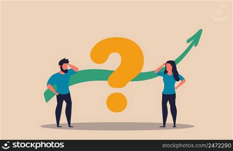 Question problem and people job challenge. Office work brainstorm and business arrow vector illustration concept. Colleague cooperation team and worker discussion. Searching creative strategy idea