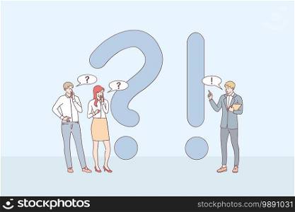 Questions and answers concept. Young business people cartoon characters standing near exclamations and question marks, asking questions and receiving answers online vector illustration . Questions and answers concept