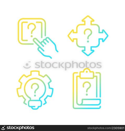 Questions and answers in technical support gradient linear vector icons set. Digital data storage access. Thin line contour symbol designs bundle. Isolated outline illustrations collection. Questions and answers in technical support gradient linear vector icons set