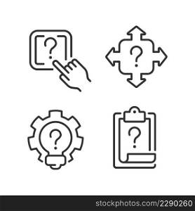 Questions and answers in technical support linear icons set. Digital data storage. Access to information. Customizable thin line symbols. Isolated vector outline illustrations. Editable stroke. Questions and answers in technical support linear icons set