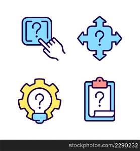 Questions and answers in technical support RGB color icons set. Access to digital data storage. Isolated vector illustrations. Simple filled line drawings collection. Editable stroke. Questions and answers in technical support RGB color icons set