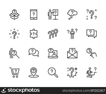Questions and problem, ask and think, vector linear icons set. Contains icons as puzzle, confused man, question mark and more. Isolated collection of questions for websites. Editable Stroke.. Questions and problem, ask and think, vector linear icons set. Isolated collection of questions for websites and mobile. Editable Stroke.