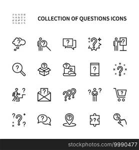 Questions and problem ask and think vector linear icons set. Contains icons as puzzle confused man question mark and more. Isolated collection of questions icons for websites. Editable Stroke.