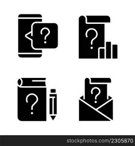 Questions in business and education black glyph icons set on white space. Information support service. Analytic of processes. Silhouette symbols. Solid pictogram pack. Vector isolated illustration. Questions in business and education black glyph icons set on white space
