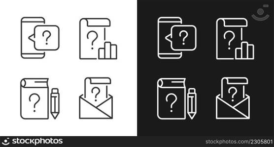Questions in business and education linear icons set for dark, light mode. Information support service. Thin line symbols for night, day theme. Isolated illustrations. Editable stroke. Questions in business and education linear icons set for dark, light mode