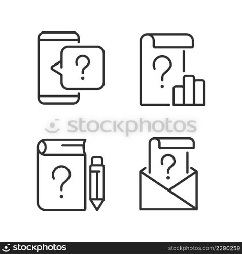 Questions in business and education linear icons set. Information support service. Commercial data. Customizable thin line symbols. Isolated vector outline illustrations. Editable stroke. Questions in business and education linear icons set