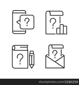 Questions in business and education linear icons set. Information support service. Commercial data. Customizable thin line symbols. Isolated vector outline illustrations. Editable stroke. Questions in business and education linear icons set