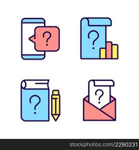 Questions in business and education RGB color icons set. Information support service. Corporate data. Isolated vector illustrations. Simple filled line drawings collection. Editable stroke. Questions in business and education RGB color icons set