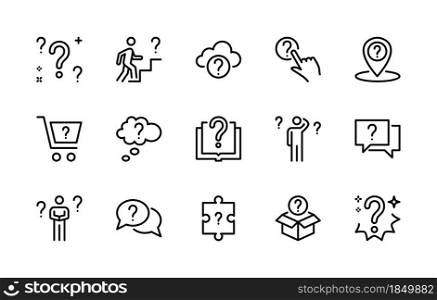 Questions vector linear icons set. Contains icons as question mark, confused man, think, problem, ask, doubt and more. Isolated collection of question icon for websites and mobile. Editable Stroke.. Questions vector linear icons set. Simple isolated collection of question icon for web sites and mobile. Editable Stroke.