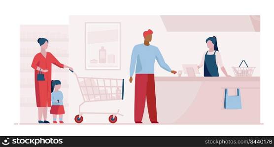 Queue at checkout in supermarket. Customers, cashier, check register flat vector illustration. Shopping, grocery store, payment concept for banner, website design or landing web page