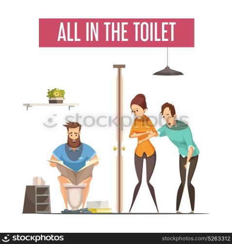 Queue At Toilet Design Concept. Queue at toilet design concept with people waiting at front toilet and man reading newspaper on lavatory flat vector illustration