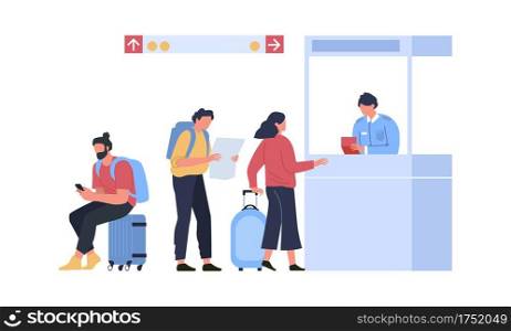 Queue for passport control, concept travel and vacation. Queue passenger to airport control, vacation and trip check-in. Vector illustration. Queue for passport control, concept travel and vacation