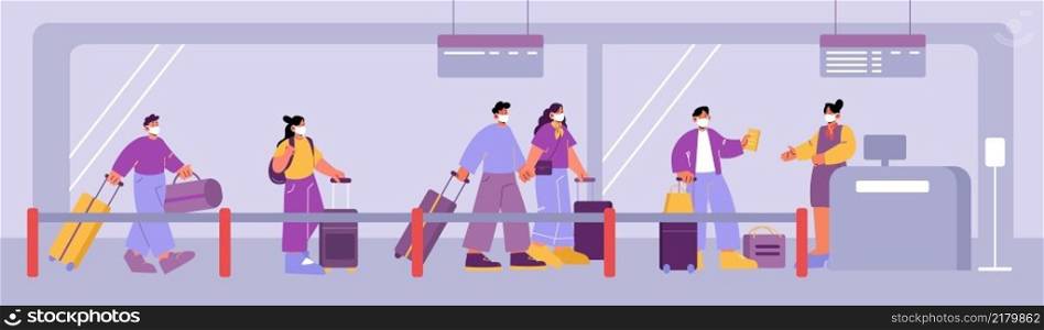 Queue in airport, people waiting in line for registration check in. Passengers characters in medic masks prepare documents for passport control desk. Men and women boarding Cartoon vector illustration. Queue in airport, people wait in line for check in